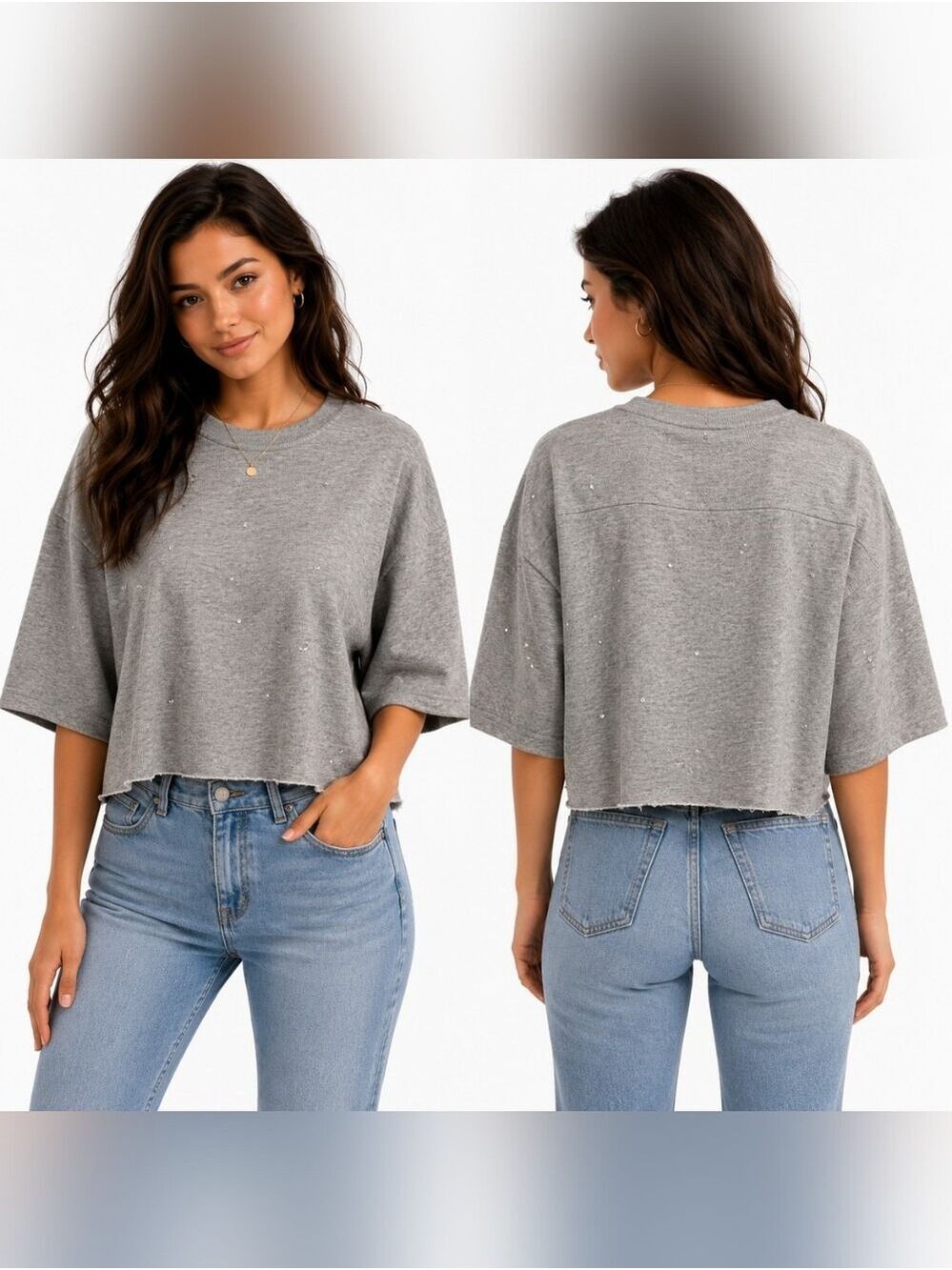 LE SUPERBE Rhinestone Half Sleeve Sweatshirt in H. Grey Size L